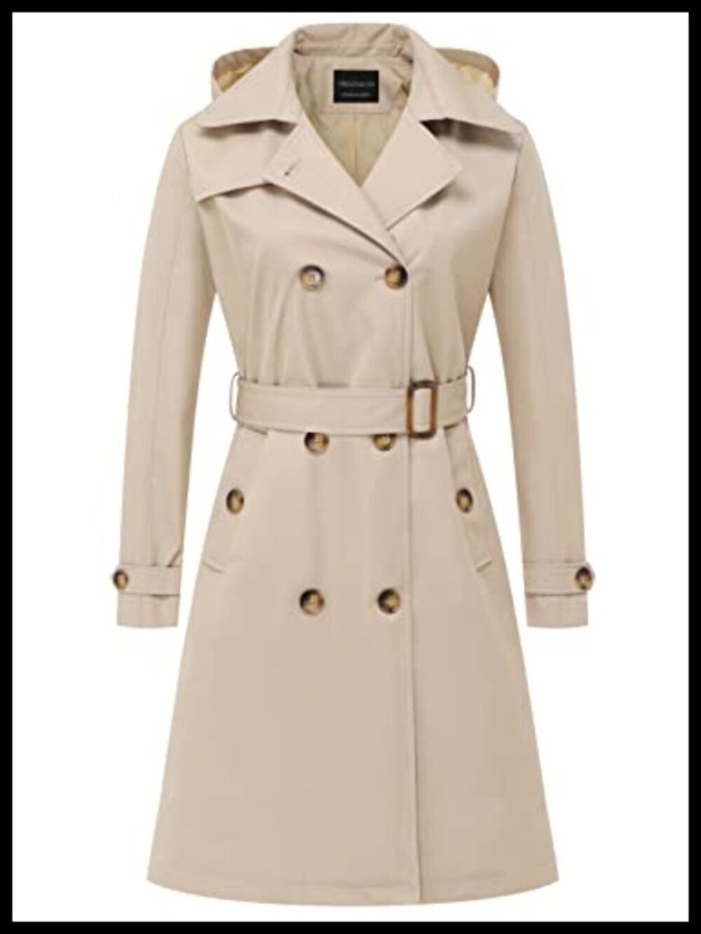 Women's Long Trench Coat Double-Breasted Belted Detachable Hood Slim Overcoat